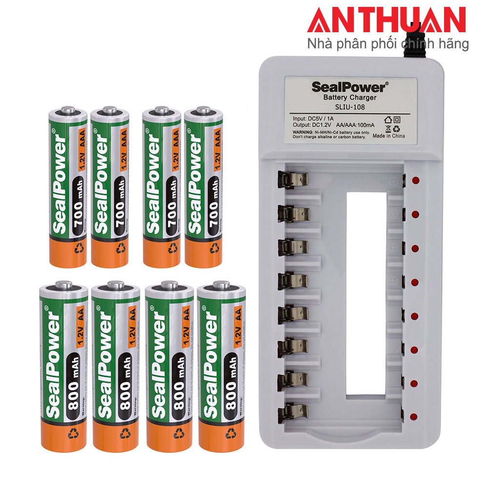 Máy sạc SLIU-108 kèm pin sạc AA 800mAh / AAA 700mAh, đa năng 8 kênh độc lập SealPower hàng tiêu chuẩn (chính hãng).