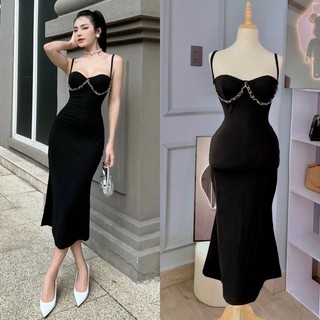Đầm ôm body đen dáng dài đuôi cá 2 dây phối xích viền ngực, váy hotgirl sang trọng quý phái đơn giản đi chơi dự tiệc