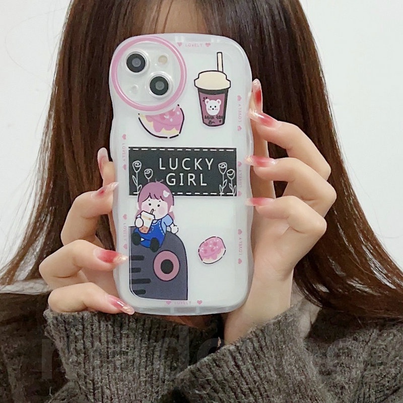 Clear Casing Samsung Galaxy A54 A34 A24 A14 A04 A12 A73 A53 A52 A52S A33 A32 A23 A72 A22 A13 4G 5G A03S A02S A11 A02 A03 A51 A50 A50S A30S A20 A30 A20S A10S A21S M12 M22 M32 M11 M02 Waves Edge Cute Cartoon Happy Bear Milk tea Lucky Girl Phone Case STB 13