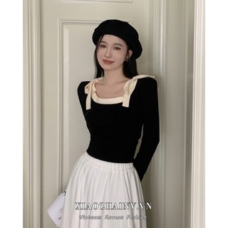 Xiaozhainv Áo len XIAO ZHAI NV tay dài cổ vuông thắt nơ dáng ôm thời trang cho nữ
