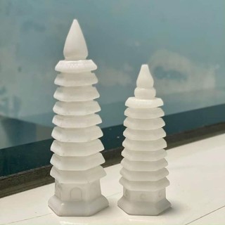 Tháp Văn Xương màu trắng phong thủy 9 tầng đá Trắng nguyên khối cao 15cm & 20cm