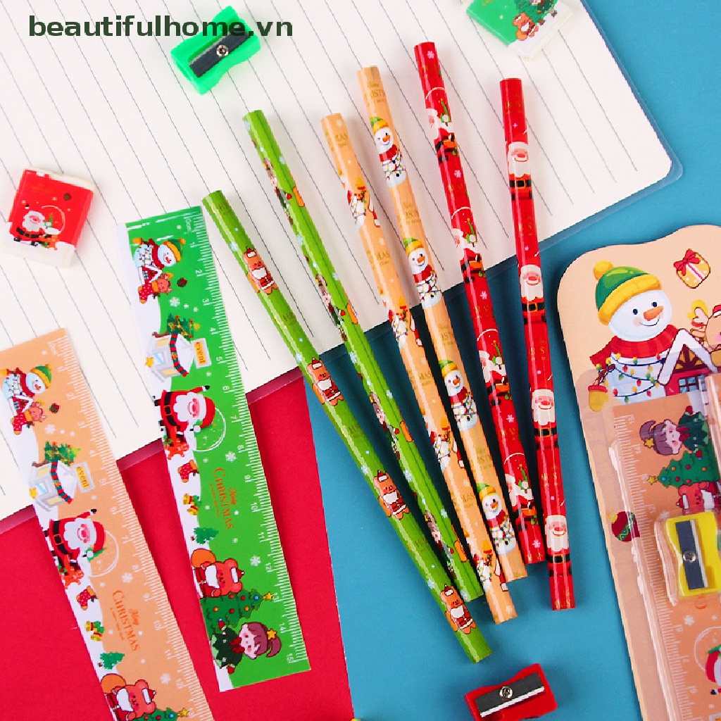 [beautifulhome] 5Pcs/Set Cute Cartoon Stationery Set Christmas Stationery Set Pencil Sharpener Eraser Ruler Set Gift Student Stationery Children's Day Gifts [beauty]