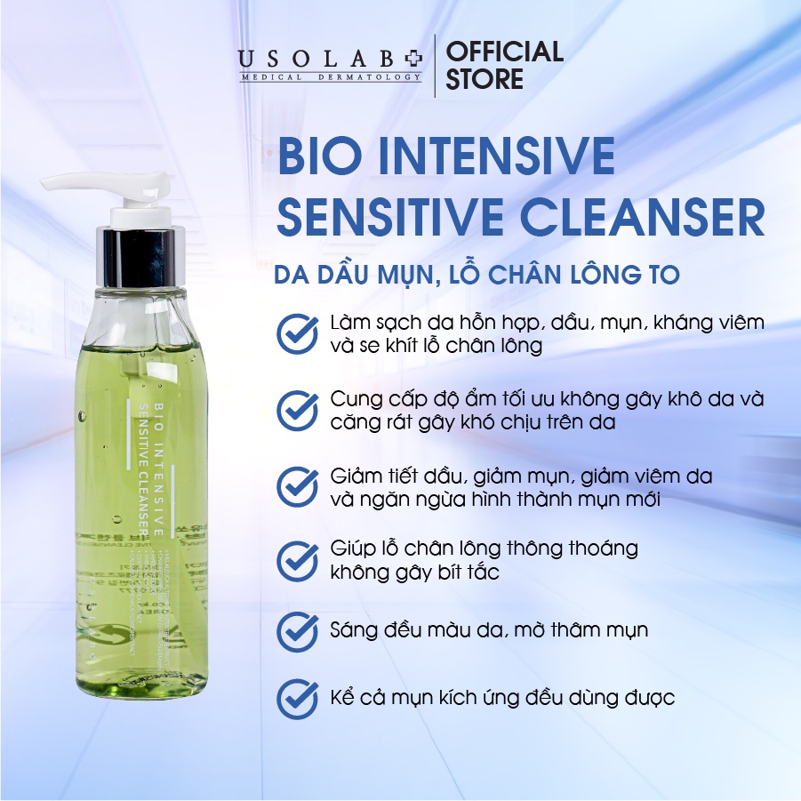 Sữa rửa mặt da dầu mụn, lỗ chân lông to 150ml Usolab Bio Intensive Sensitive Cleanser