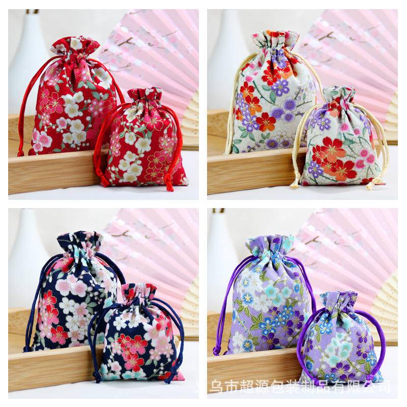 Túi Dây Rút Vải Lanh Cotton Họa Tiết Hoa Anh Đào May Mắn Phong Cách Trung Hoa