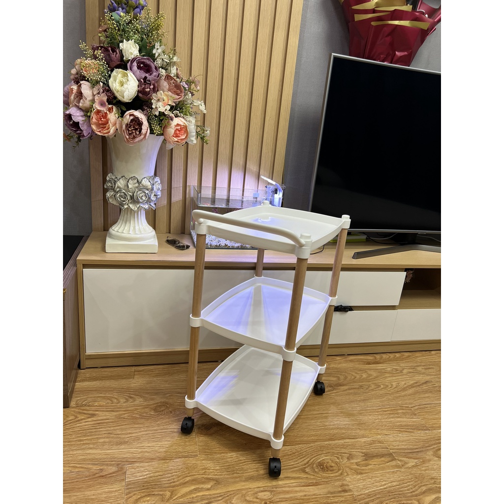 Xe Đẩy Spa Ba Tầng . Kệ Ba Tầng, Kệ Nail Mi Móng Tóc . Kệ Gỗ 3 Tầng Cao Cấp