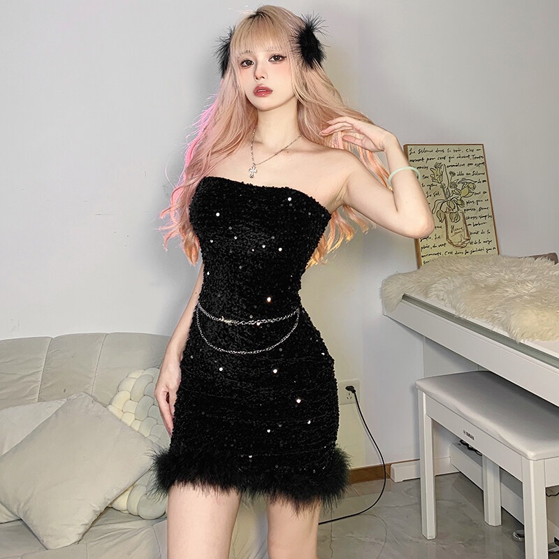 Weird Puss Đầm ống mini không tay ôm dáng phối lông đính kim sa long lanh thời trang dành cho nữ