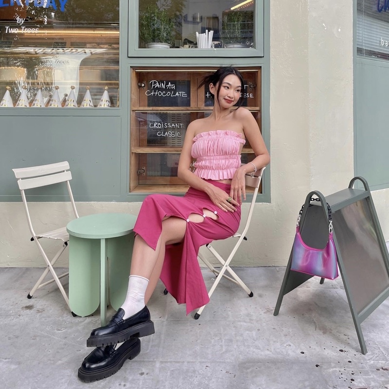 Pinky Set - Set áo và chân váy dài xẻ tà màu hồng sang chảnh