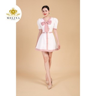 Đầm Cổ V Nơ To Dáng Chữ A Xòe Nhẹ Thiết Kế Molina Viền Khuy Trẻ Trung Thanh Lịch, Phù Hợp Công Sở Dạo Phố