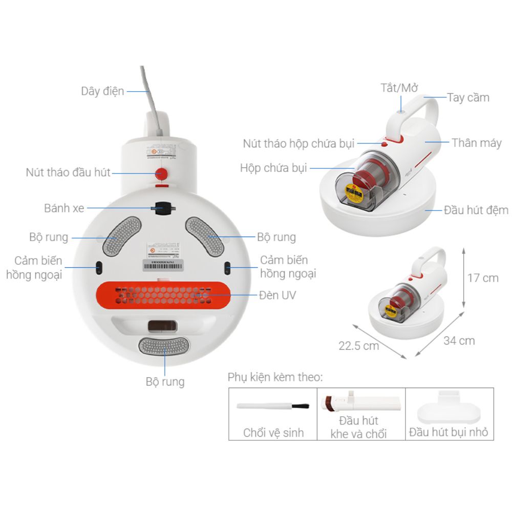 Máy Hút Bụi Giường Nệm 3 in 1 DEERMA CM1300 , lực hút 12000pa công suất 350W diệt khuẩn UV chăn gối sofa