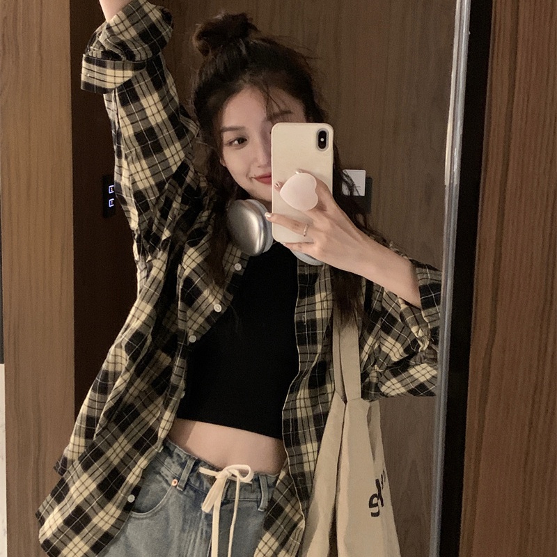 Áo sơ mi SUXI tay dài họa tiết ca rô thời trang dành cho nữ