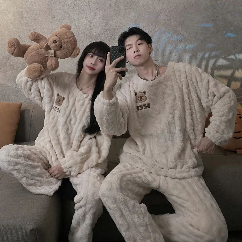 Bộ Đồ Ngủ Lông Cừu San Hô Dáng Rộng Thời Trang Thu Đông Cho Các Cặp Đôi