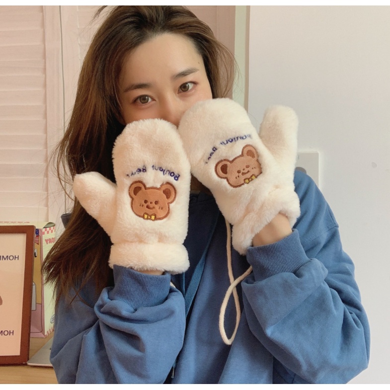 Găng Tay Nhung Lông Cừu Giữ Ấm Cổ Thêu Hình Gấu Dễ Thương HB HYJP2