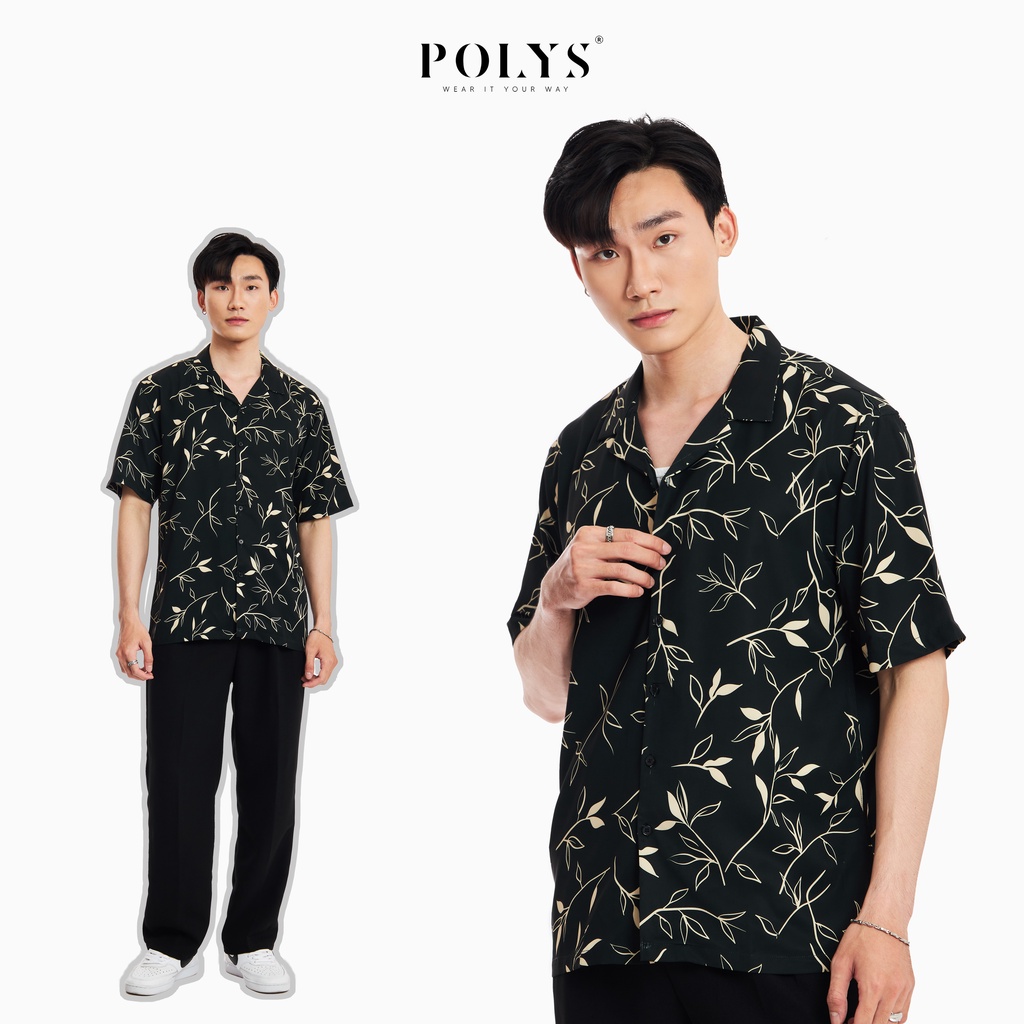 Áo sơ mi nam POLYS Fullbox, Vải Lụa co giãn 4 chiều, mềm mịn, thoáng khí. Sơ mi tay ngắn họa tiết GOLDEN LEAVES