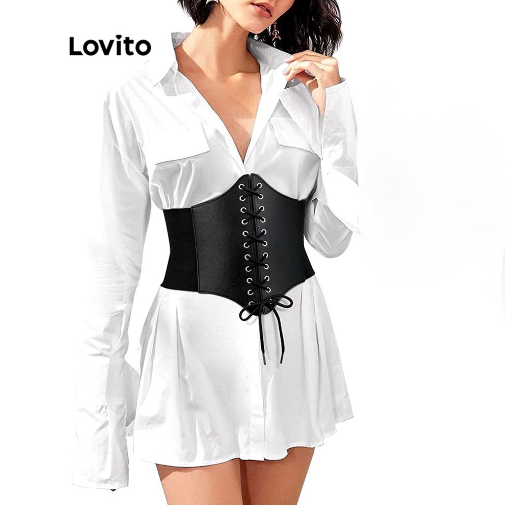 Áo corset Lovito màu trơn phối dây rút cột dây qua khoen định hình cơ thể