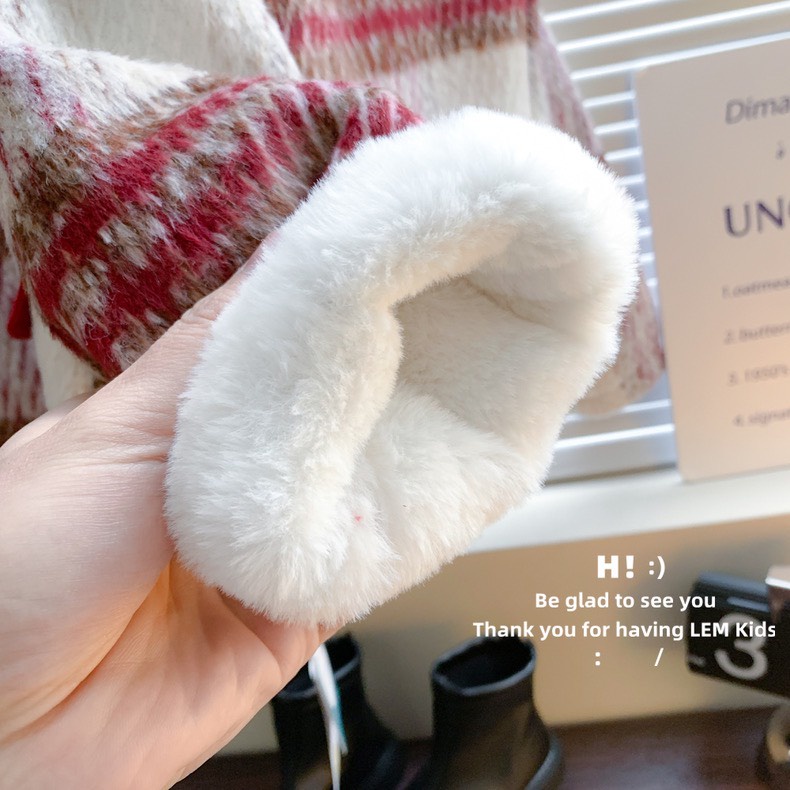 Bộ Kẻ Dạ Len Bé Gái Năm Mới Lót Thỏ Nhung Hàng QC