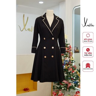 Đầm nữ 𝐗𝐀𝐕𝐈𝐀 cổ vest đen dài tay kiêm áo khoác chất gân Hàn sang chảnh DL00001