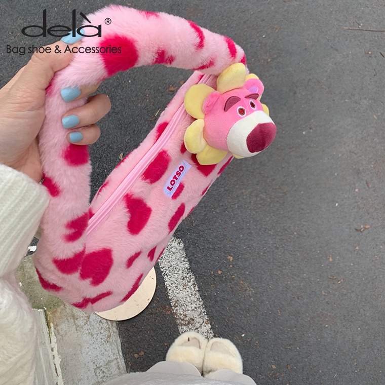 Dela Túi Đeo Cánh Tay Phối Lông Gấu Dâu Tây Màu Hồng Thời Trang Hàn Quốc Cao Cấp 2023 Mới