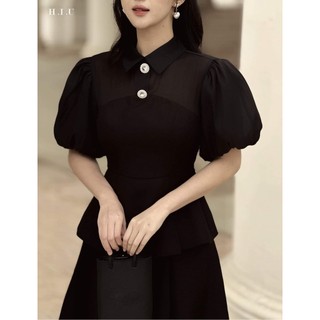 Áo kiểu nữ tay bồng cúp ngực phối voan MINA dạ xước hàn H.I.U Fashion , cách điệu ôm dáng che khuyết điểm HIU design