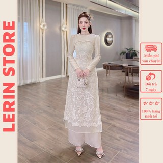Set áo dài cách tân ren hoa mix áo tay dài áo dài dự tiệc cưới sang trọng _ lerin ad06