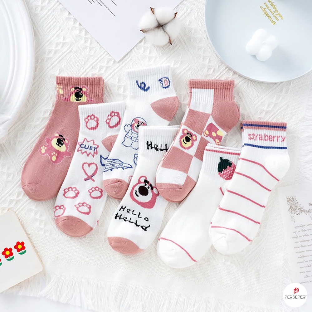 Tất vớ cổ ngắn chất liệu vải Hàn co giãn 4 chiều. sét 5 đôi vớ họa tiết xinh - Sope Shop