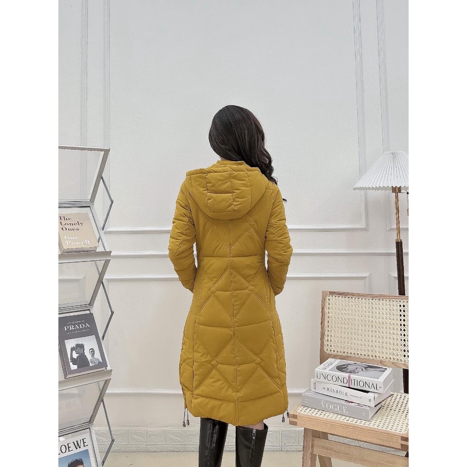 P921 -  Áo khoác phao nữ dáng dài siêu nhẹ dày ấm cản gió có mũ tháo rời