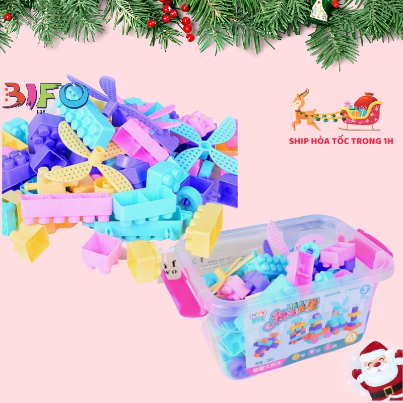 Bộ lắp ghép xếp hình pastel colors cho bé 80 mảnh ghép hộp nhựa có quai xách tiện lợi