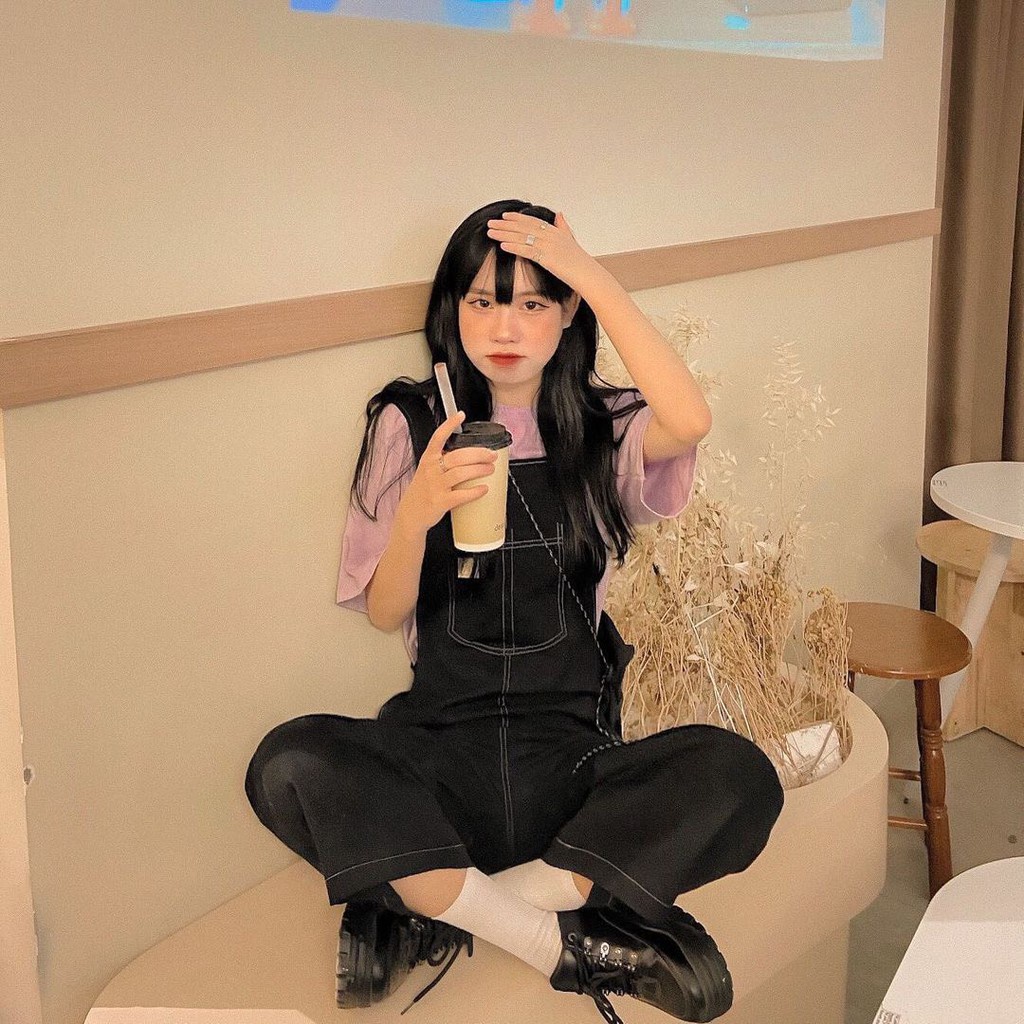 Quần yếm kaki 2 dây chỉ nổi phom thụng ulzzang dễ phối đồ Q027 Yếm quần nữ dáng dài ống rộng phong cách hàn quốc