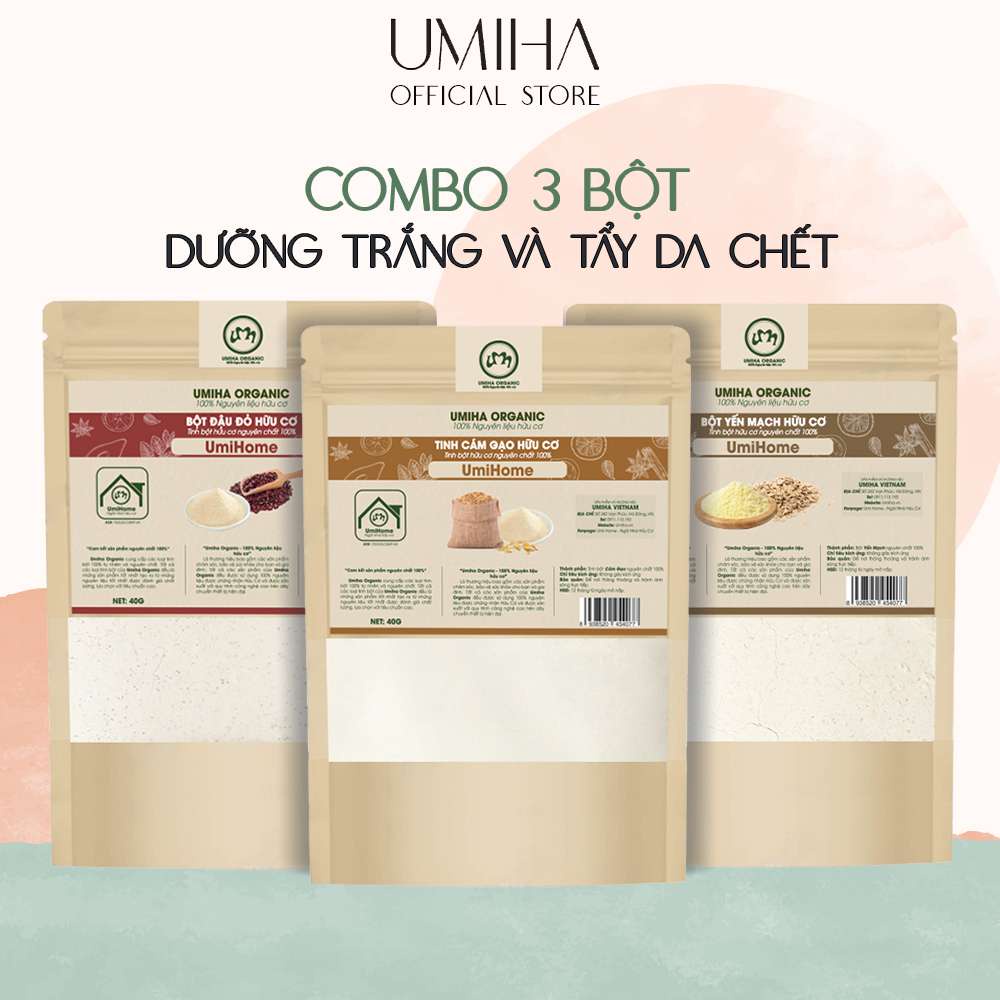 Combo 3 Bột Cám Gạo, Đậu Đỏ, Yến Mạch Nguyên Chất Umiha Organic (40GX3) Tẩy Tế Bào Chết Cơ Thể Và Dưỡng Trắng Da