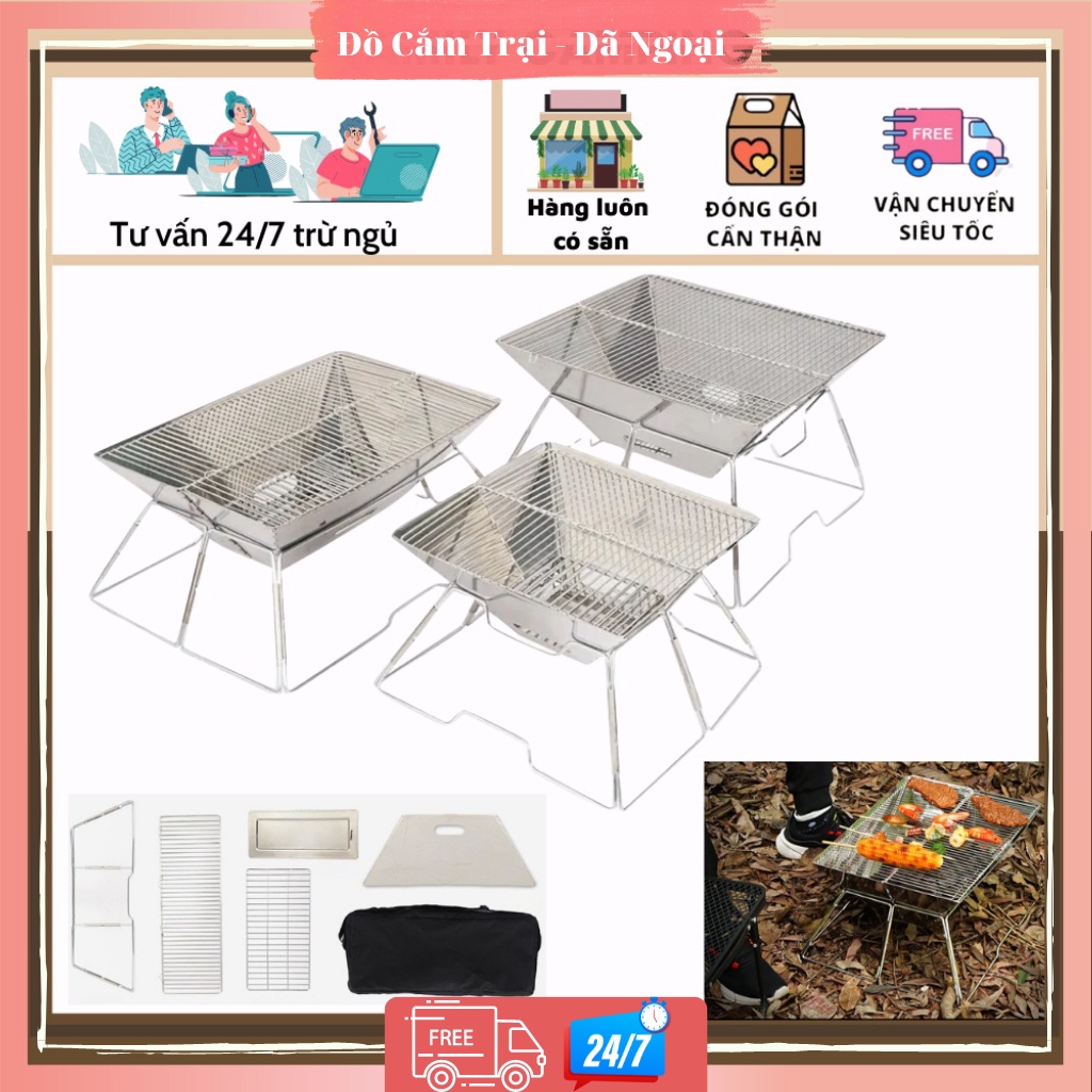 Bếp nướng inox ngoài trời di động gấp gọn bếp cắm trại dã ngoại 3-5 người bếp nướng than hoa (Hàng có sẵn + ảnh + video)