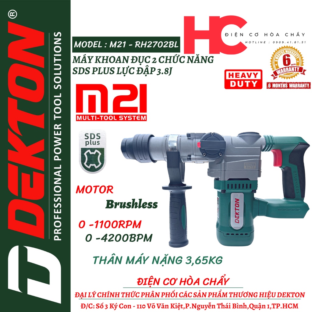Máy Khoan Đục 2 Chức Năng Dekton / Lực Đập 3.8J / M21-RH2702BL / Motor Brushless / SDS Plus / Chân Pin Phổ Thông Makita
