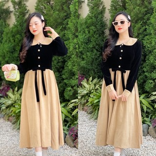 Váy Evil nhung dáng dài thên đen nơ phối be tiểu thư