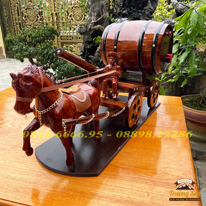 Xe Ngựa Kéo Bom Rượu, Ngựa Đơn Kéo Trống Rượu Vang Gỗ Thông 3 Lít, 5 Lít Sang Trọng