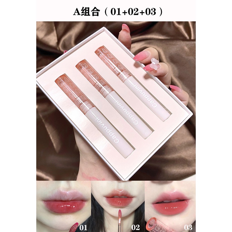 Set 3 Son Kem Dưỡng Bóng Cappuvini Gấu Hồng