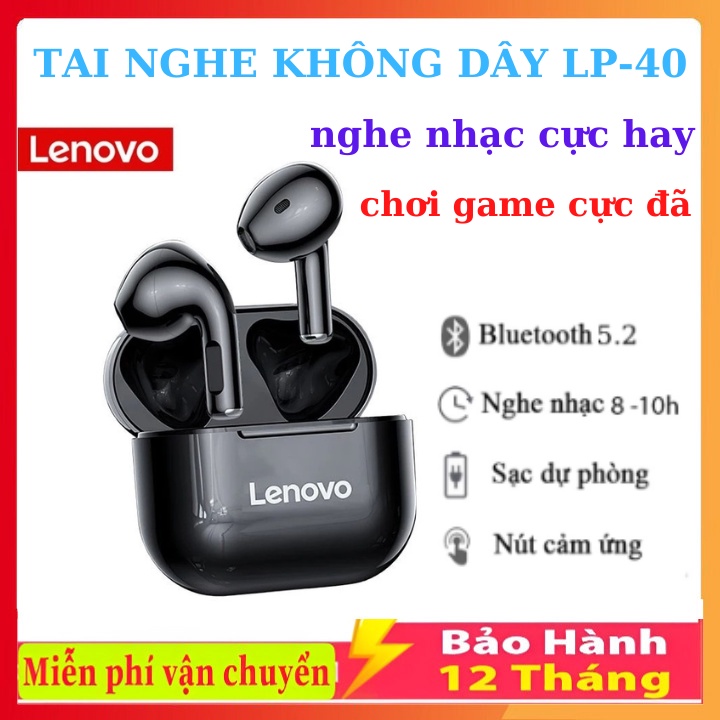 Tai Nghe Không Dây Lenovo LP40 Bluetooth 5.2 âm thanh nổi HD giảm ồn thông minh có mic cảm ứng chống nước.