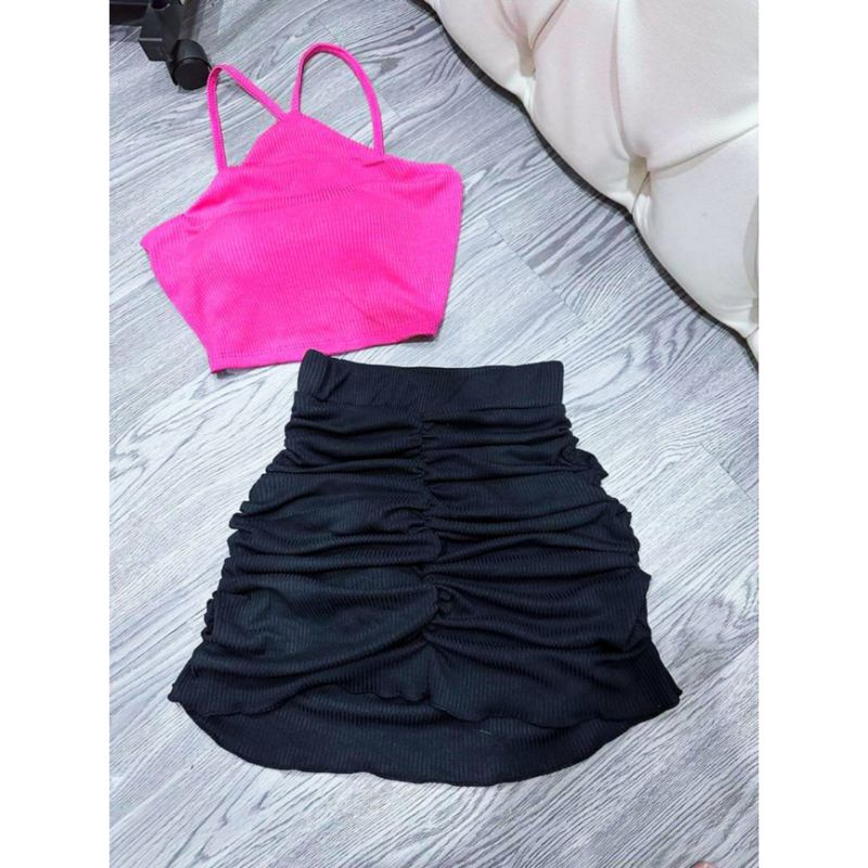 Set áo cổ yếm váy nhún siêu hot ( ảnh thật trải sàn )