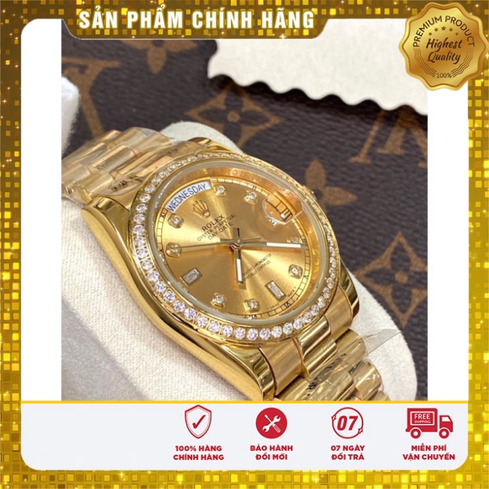 Đồng hồ nam Rolex Day-date 36mm máy cơ Nhật cao cấp, mặt tròn đính đá, dây thép không gỉ