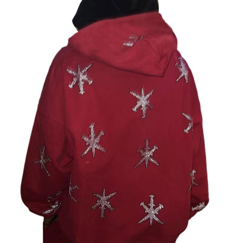 Xiangbao Áo Khoác Hoodie Nỉ Dáng Rộng Cỡ Lớn Có Khóa Kéo Hình Bông Tuyết Đính Đá Phong