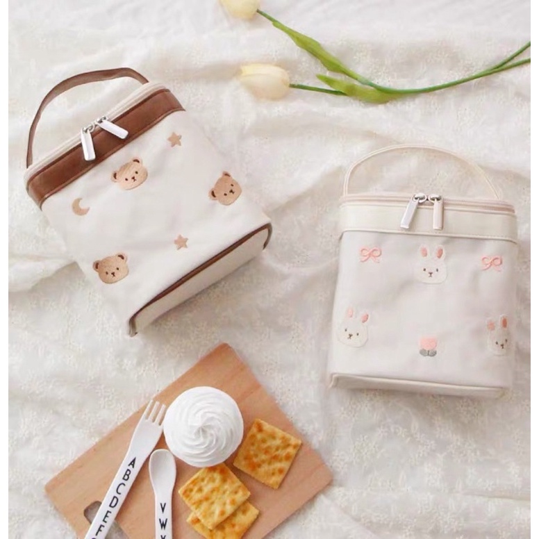 Túi Giữ Nhiệt Ủ Bình Sữa Thêu Hoạ Tiết Thỏ - Gấu Xuất Hàn Xinh Xắn KT 19*17*10cm
