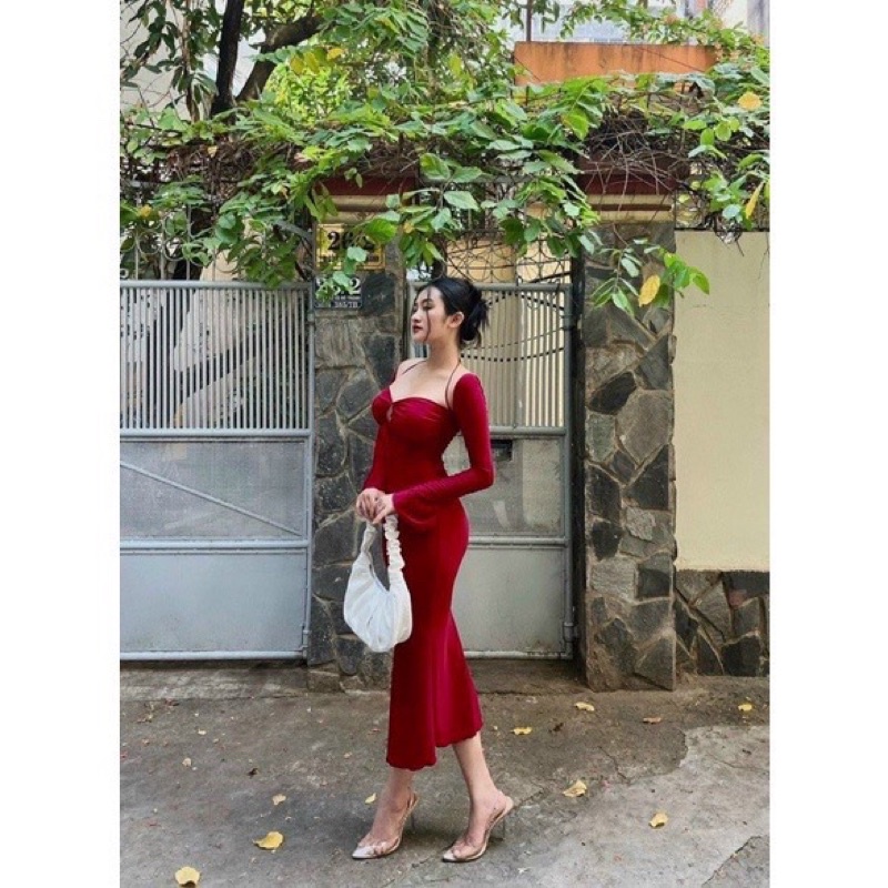 [FREESHIP] Đầm body len tăm cách điệu khoen lưng có mút sẵn duyên dáng ba màu xanh hồng đen