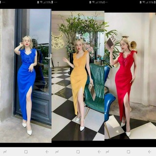 Váy đầm dạ hội maxi xẻ dáng cổ v phối bèo