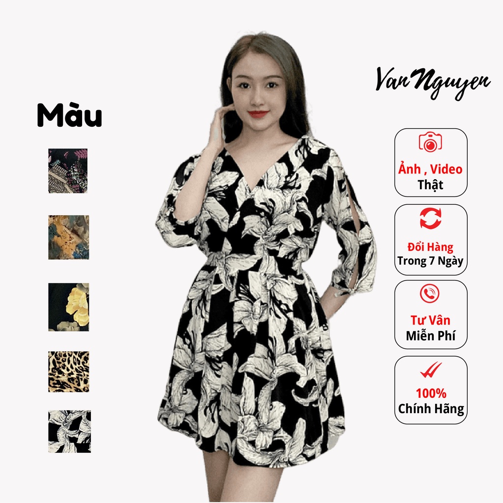 Đầm Tay Lỡ Cổ Khoét V Chất Vải Mango Cao Cấp Hoa Văn Đẹp VÂN NGUYỄN 78