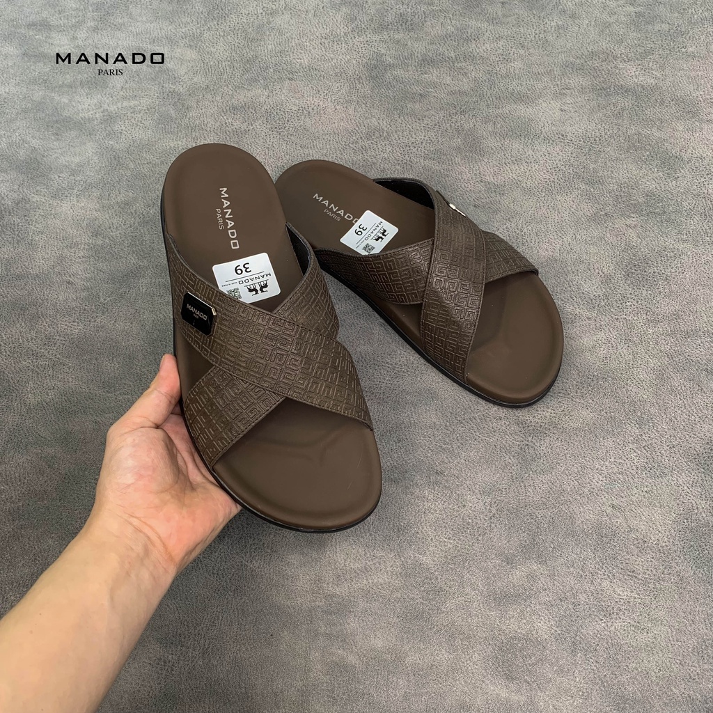 Dép da nam quai chéo cao cấp Manado Mã MND10 màu nâu fullbox, quai da mềm mại, đế cao su thiết kế chắc chắn