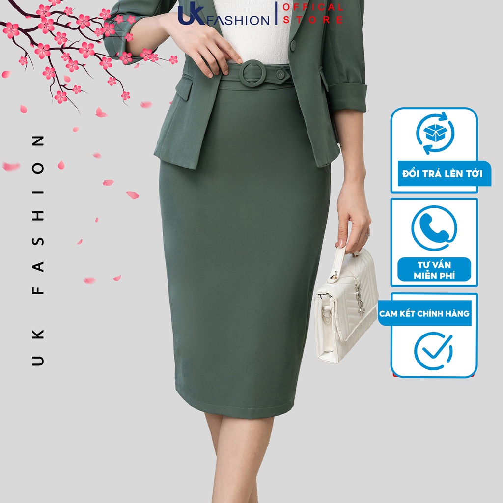 Chân váy bút chì nữ công sở kiểu dáng basic đơn giản kết hợp họa tiết dai cài thời trang UK Fashion NKCV2210002