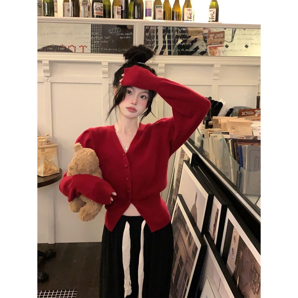 Áo Khoác Cardigan Dệt Kim Dáng Ngắn Màu Đỏ Thời Trang Thu Đông Mới Quyến Rũ