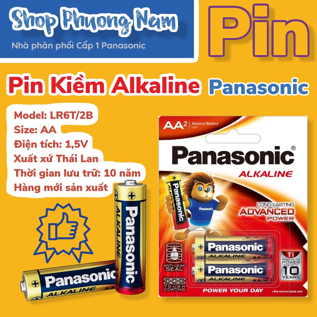 Pin Kiềm Tiểu AA Alkaline Panasonic 1 vỉ 2 viên (LR6T), nhập khẩu Thái Lan