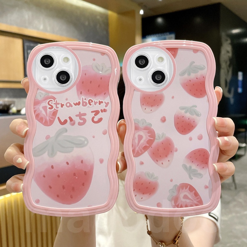 Cute Casing For iPhone 14 13 12 11 Pro Xs max Mini 7 8 6 6S Plus X XR 14ProMax 13promax 12promax 11promax 6+6S+ 7+ 8+ ins Pink Strawberry Waves Edge Fine Hole Airbag Shockproof Soft Phone Case BW 25