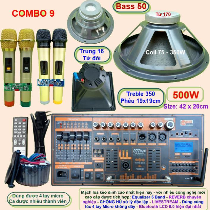 Mạch loa kéo 5 tấc đơn 500W Reverb chống hú DSP Livestream Equalizer 5 Band  kèm 4 tay Micro