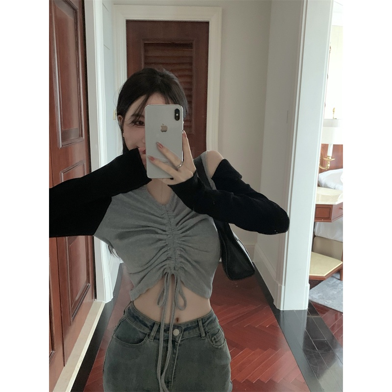 Áo kiểu ZHELIHANGFEI trễ vai tay dài phối dây rút phong cách retro