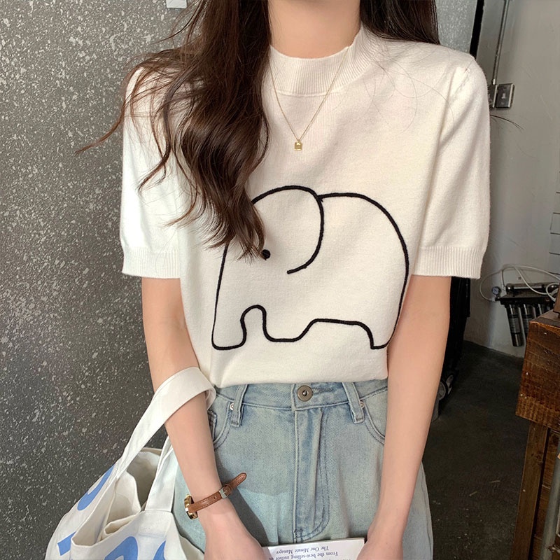 Áo Dệt Kim Tay Ngắn Dáng Ôm Thêu Họa Tiết Chú Voi Hoạt Hình Phong Cách Hàn Quốc Thời Trang Cho Nữ