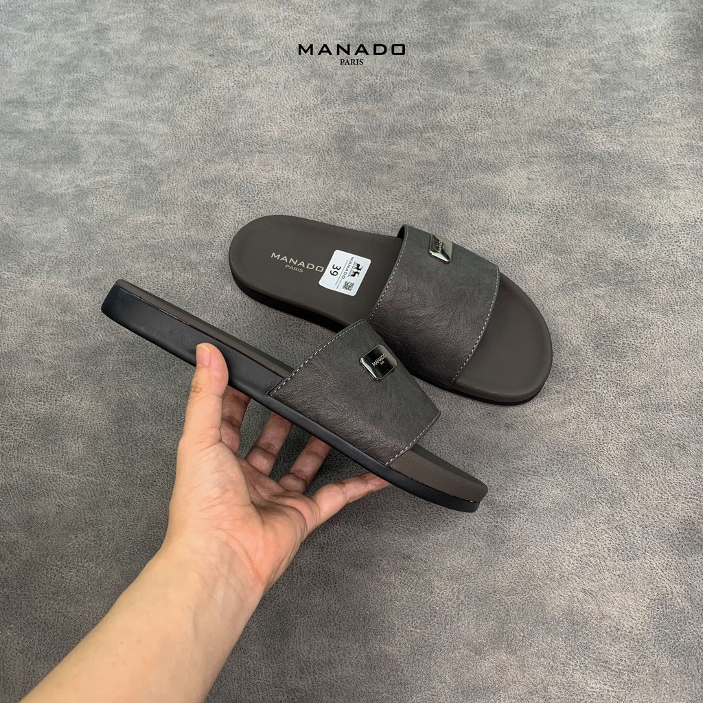 Dép da nam quai ngang cao cấp Manado Mã MND02 màu xám fullbox, quai da mềm mại, đế cao su thiết kế chắc chắn